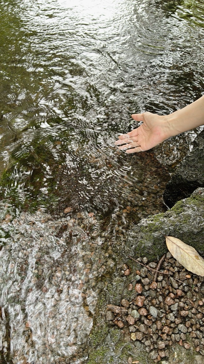 清らかな水に手を触れる様子